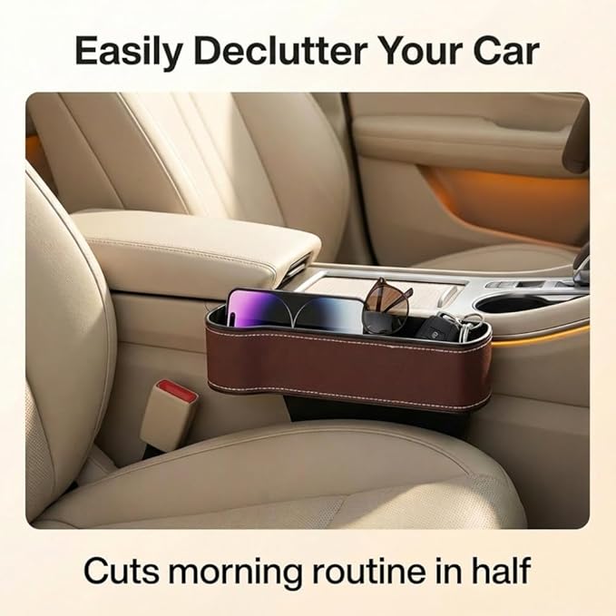 Car Seat Gap Filler Organizer, 2026 New Premium Leather Console Organizer for Holding Phone, Sunglasses, Auto Console Side Storage Box with Cup Holders 2 Seat Hooks for Drink (Black, Driver's Seat)