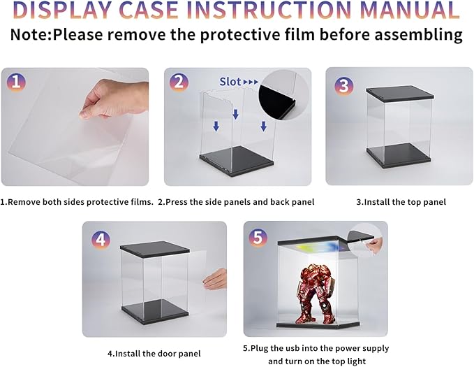 Clear Acrylic Display Case with Light for Gundam Display, Multiple Color Lights Dustproof Protection Display Box for Collectibles Action Figures(14×10×21inch)