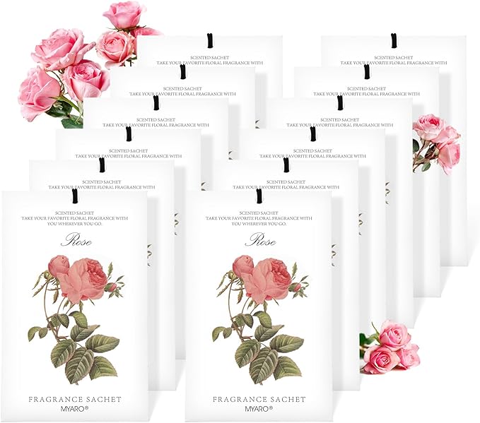 MYARO 12 Pcs Rose Scented Sachets Long Lasting Room Air Freshener Odor Deodorizer Eliminating for Home Drawer Closet Clothes Storage