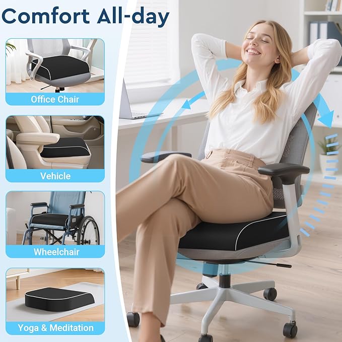 Seat Cushion, Memory Foam Office Chair Cushions for Long Sitting Hours, Chair Pad for Sciatica, Coccyx, Tailbone, Hip Pain & Pressure Relief, Office, Home,Car Seats,Airplane, Black/X-Large