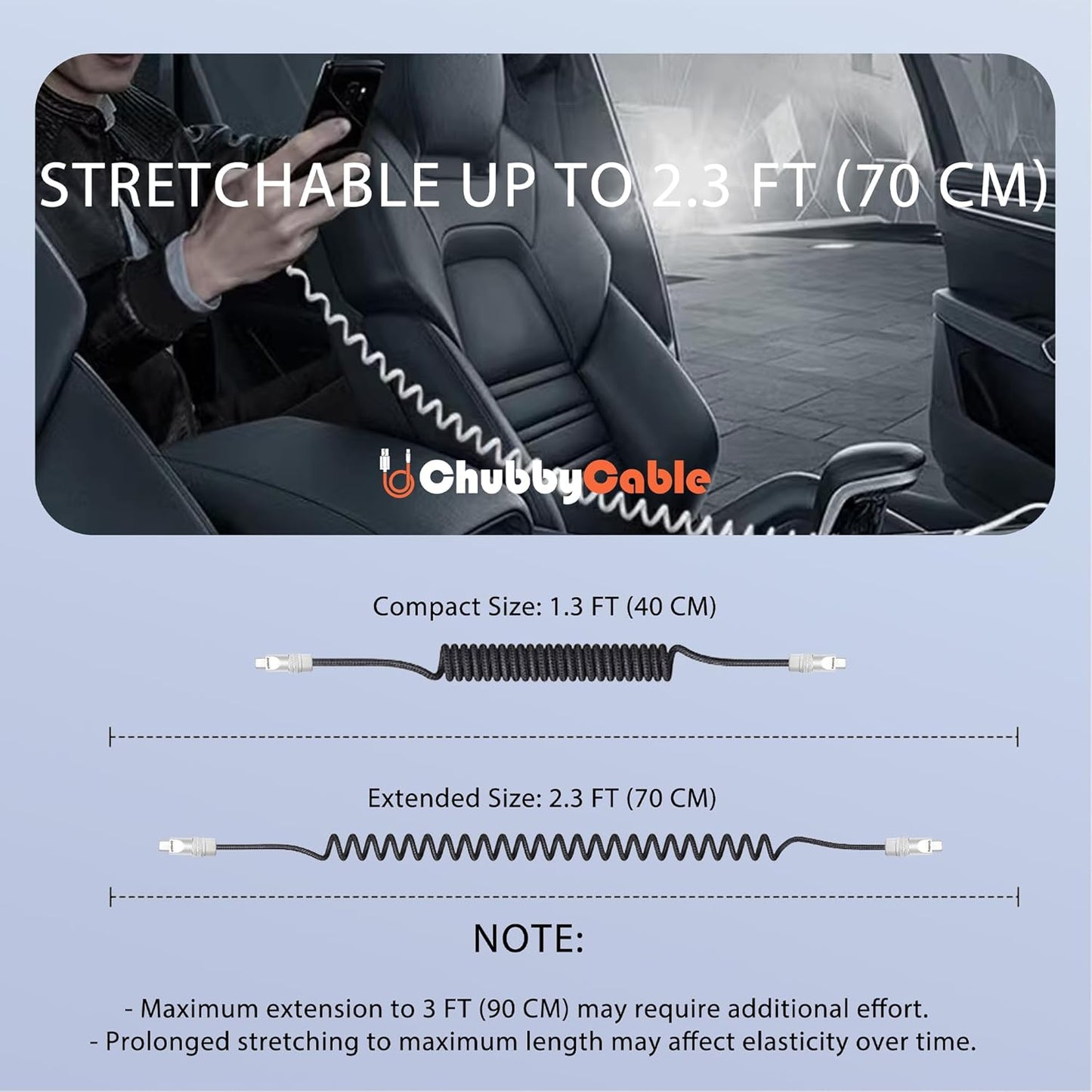 chubbycable Curly Chubby - Retractable Fast Charging Cable 240W Coiled Charger Cord for Car Durable USB-C Cable for Phones, Tablets and More, Light Blue, Type-C to Type-C, 1.3FT-2.3FT
