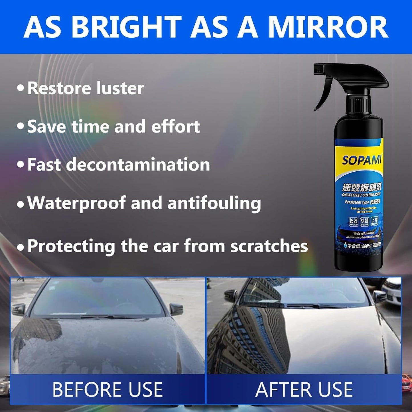 Car Coating Spray Set, Quick Effect Coating Agent, Quickly Coat Car Wax, Scratch Wax Polish Spray Extremely Hydrophobic, Oil Film Emulsion Glass Cleaner (1PCS+Sponge+Cloth)