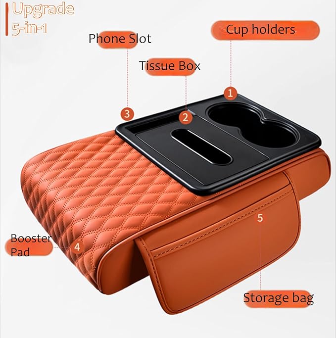Car Center Console Armrest Pad, Arm Rest Box Cushion with Ergonomic Height Boost, Storage Pockets, Built-in Tissue Box, Cupholder, Fit for Most Sedan Vehicles (Embroidery Water Ripple, Black)