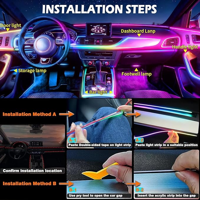 Interior Car LED Strip Lights, Acrylic LED Lights RGB Dreamcolor 10 in 1 with 175 inches 593 LEDs Fiber Optic Ambient Lighting Kits,APP and Remote Control 16 Million Colors Car Neon Lights