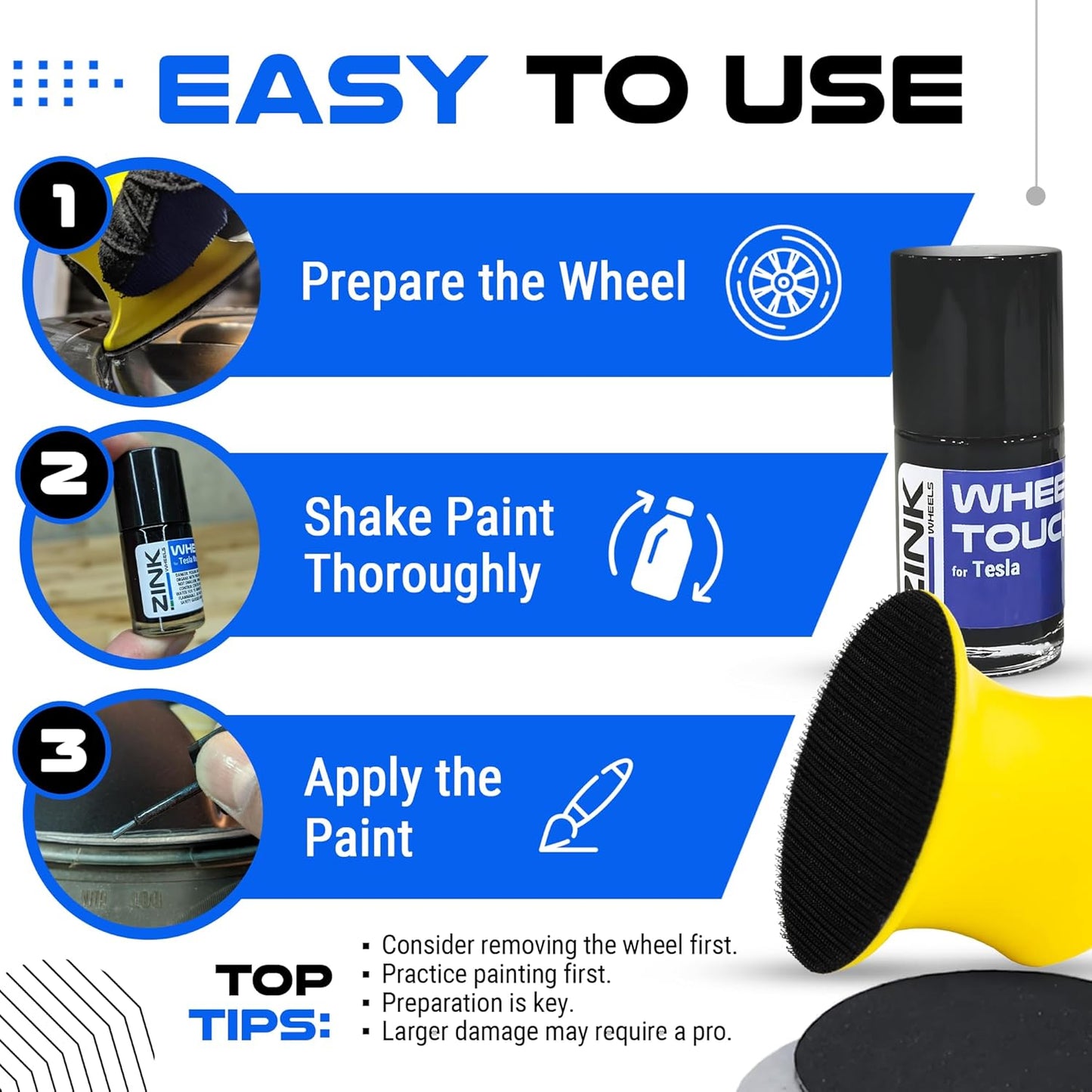 Premium Tesla Wheel Curb Rash Repair Kit for Model Y 19-inch Dark Gemini Rims - DIY Kit with Color-matched Touch Up Paint - Made in USA