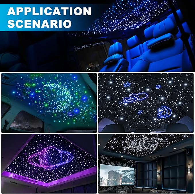Split 4 Colors 12W Car Starlight Headliner Kit 600pcs*0.02in*9.8ft with APP&RF Remote,RGBW Fiber Optic Strands Star Roof Lights,4 Port Engine Sound Activated Star Ceiling Lights for Car/Home Decor