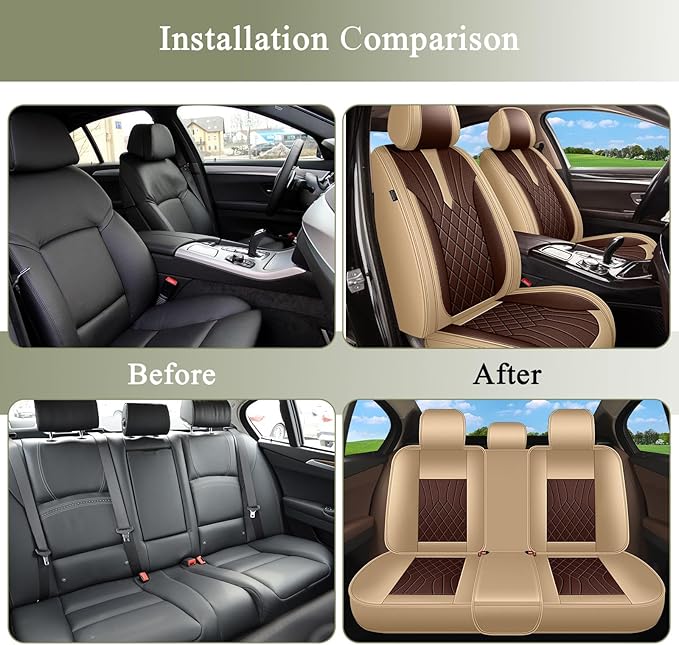 Breathable Car Seat Covers for Honda Pilot 2016 2015 2014 2013 2012 2011 2010 2009 2008 2007 2006 2005, Perforated Leather Full Set 5 Seats, for Honda Pilot Accessories (Beige&Brown)
