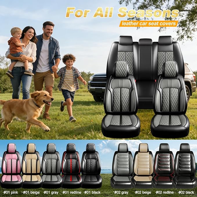 Fit Bolt Car Seat Covers for Select Chevrolet Bolt/Bolt EUV 2017-2025, Premium Full Coverage Leather, Airbag Compatible, Waterproof All Weather Seat Cushion Protector, Full Set, Black+Gray