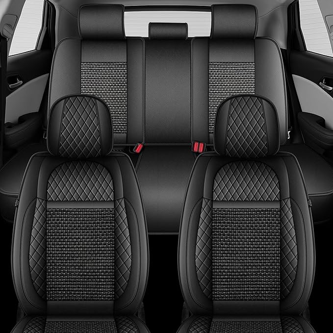 TTX LIGHTING for Mazda Mazda 3 2007-2019 Car Seat Covers, Breathable Ice Silk & Leather Seat Protector, Cool & Anti-Sweat for Long Driving, Airbag Compatible, 5 Seats Full Set (Black)