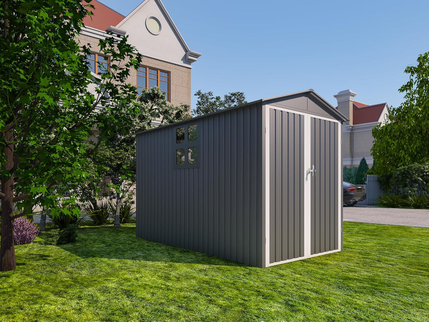 Motorcycle Steel Storage Shed with Window,Outdoor Weather-Resistant Storage Box for Bikes, Tools, Sports Equipment,Easy Assembly, No Tracks or Fixtures Needed, 121" W Gray+White