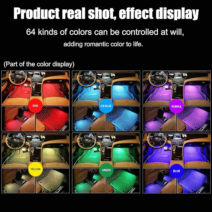RGB Car Footwell Ambient Lighting Kit USB 16.7 Millions Colors Sound Active Music Sync APP Control + RF Remote Controller Car Interior Multicolored Footwell Atmosphere Light