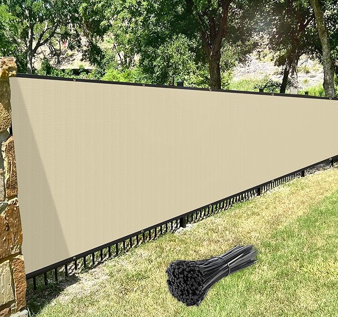 Windscreen4less Privacy Fence Screen Heavy Duty Windscreen Fencing Mesh Fabric Shade Net Cover with Brass Grommtes for Outdoor Wall Garden Yard Pool Deck, 8'x47' Beige