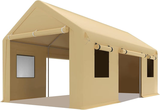 10x20 Ft. Metal Carport Garage with PE Fabric and Galvanized Steel Frame Outdoor Shelter for Cars, Trucks and Boats with 4 Doors and Mesh Windows for Ventilation - Yellow