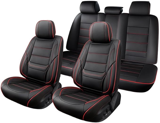 Car Seat Covers Full Set Custom Fit for Chevy Cruze 2011-2019-Luxury Leather with Lumbar Support, Breathable, Waterproof, Anti-Slip, Durable, Easy to Install (Black&Red,Full Set)