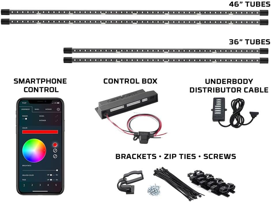 LEDGlow 4pc Bluetooth Million Color LED Underbody Underglow Accent Neon Lighting Kit for Cars - Smartphone App - Courtesy Lights - Create Any Color - 16 Modes - Water Resistant Tubes - Control Box