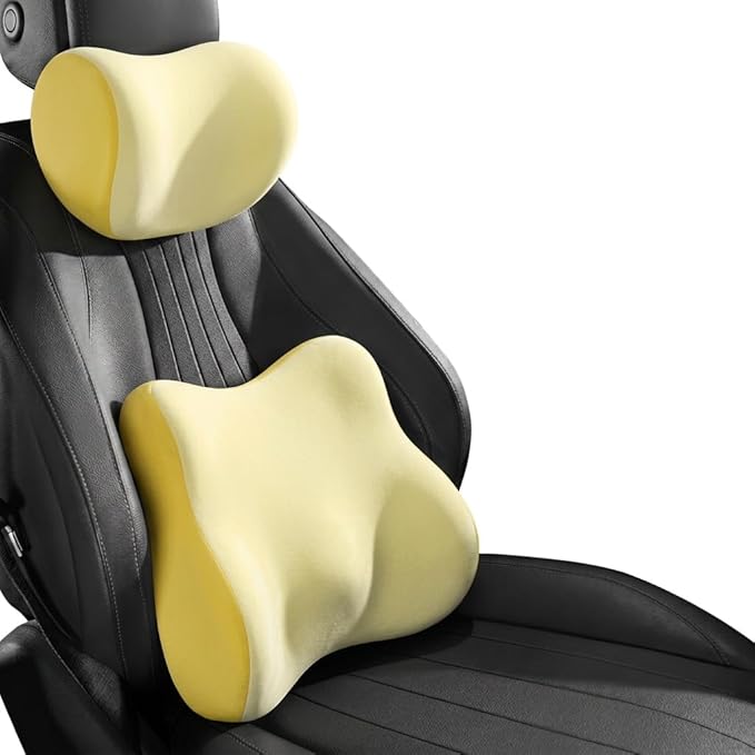Car Headrest Pillow & Lumbar for Audi A4 B8 Sedan 2007-2015, Car Seat Neck Pillow Back Support, Breathable All-Season Automotive Seat Cushions, 2PCS,D Dual Yellow