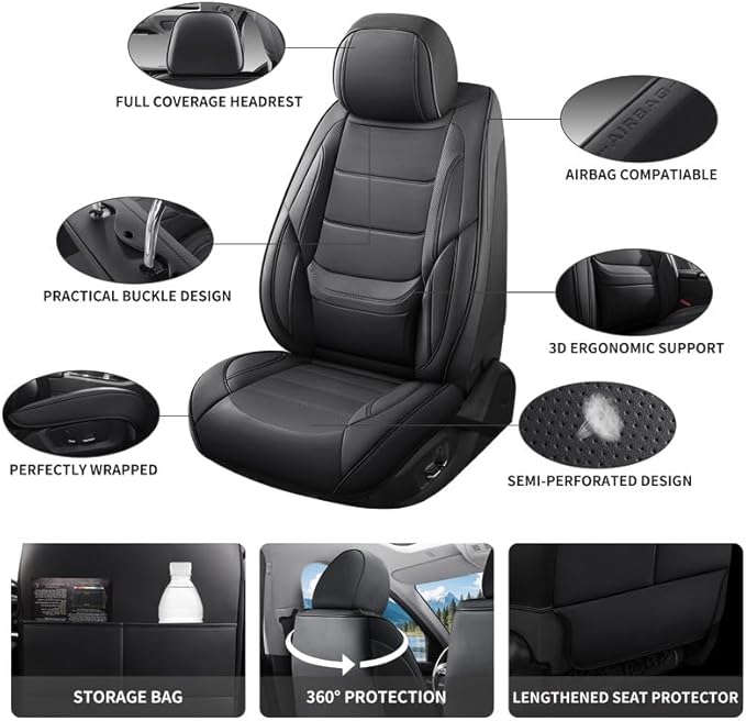 Car Seat Covers Full Set Custom Fit for Ford Ranger 1999-2025 2026 - Luxury Leather with Lumbar Support, Breathable, Waterproof, Anti-Slip, Durable, Easy to Install (Black, Full Set)