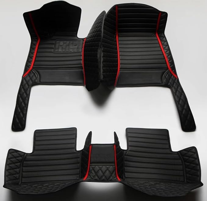 Custom Personalized Floor Mats for Cars，Luxury Full Coverage All Weather Car Floor Mats，Anti-Slip Leather Car Mat Set ，Custom Floor Mats for 99% of Cars, Trucks & SUVs (All Black red)
