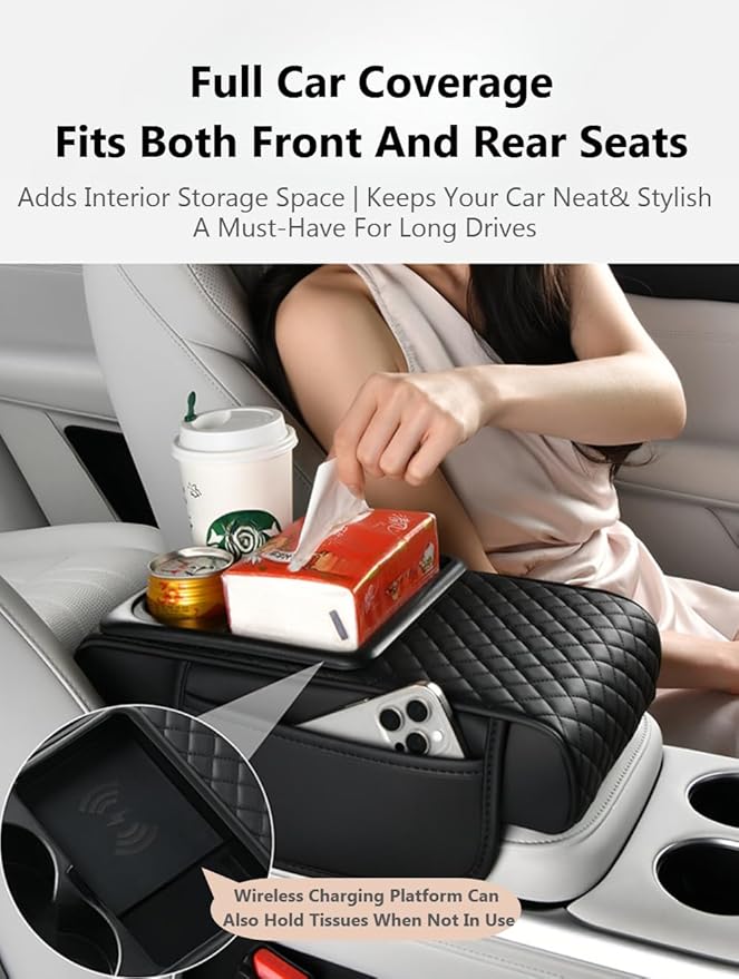 Car Armrest Pad with Built-in Induction Charging, Leather Center Console Cushion with 15W Power Pad, Dual Cup Holders, Storage Pockets - Grey