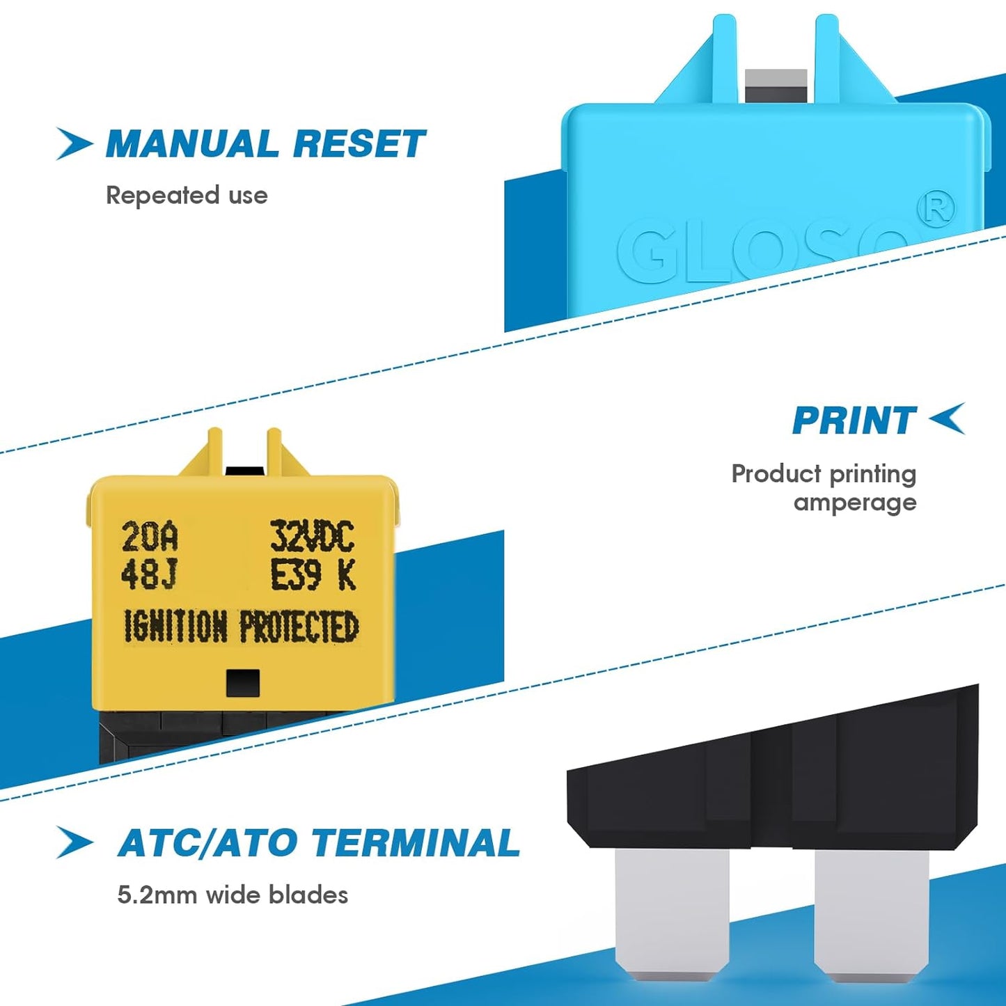 GLOSO Circuit Breakers E39 Manual (T3) Reset Low Profile ATC/ATO (20A - 25 Pack)