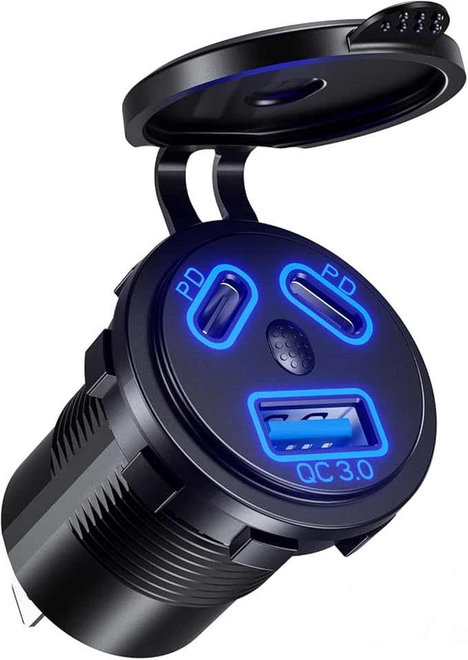 Kewig 12V USB Outlet Car Charge, 108W Super Fast Dual PD3.0 & QC3.0 3-Port Multiple Port for Car, USB C Cigarette Lighter Replacement 12 Volt Socket Waterproof for Marine Motorcycle RV Golf Cart
