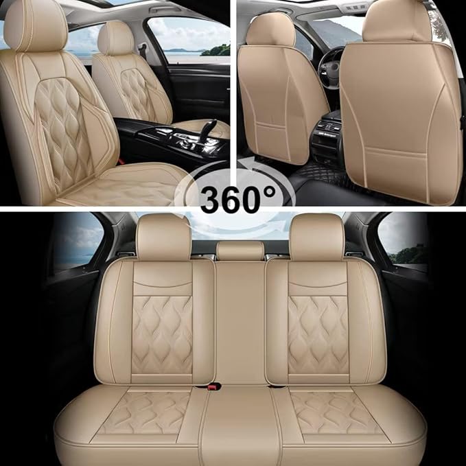AOMSAZTO Car Seat Covers Full Set Fit for Cadillac SRX 2010-2016 Waterproof Faux Leather Car Seat Cushions Automotive 5 Seat Covers Set（Beige）