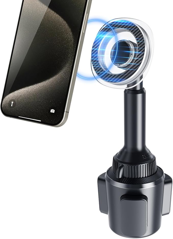 OQTIQ Phone Cup Holder for Car Mount Compatible with MagSafe, Quick Extension Long Arm and 360° Rotation, Fits 3"-4" Cup Holders - Stable & Secure for iPhone 12-17 Series, Not Charger