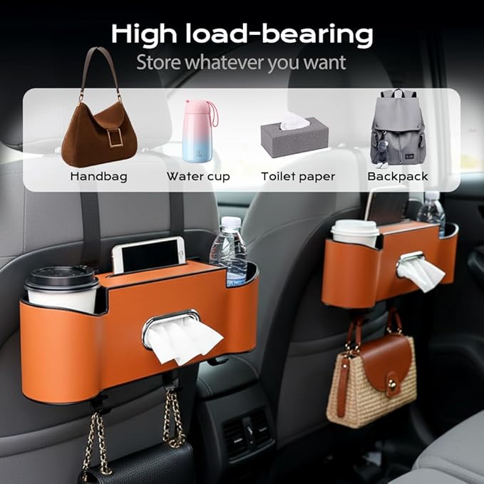 3-in-1 Car Backseat Organizer, 2026 New Multifunctional Back Seat Car Organizer with Cup Holder, Tissue Box, Trash Bin & Hooks for Hold Phones, Snacks, Drinks, Handbags (2, Red)