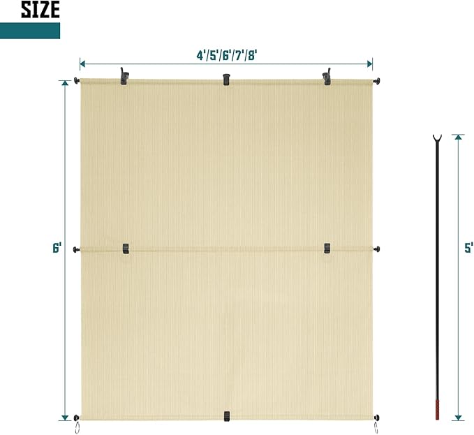 Bynbbur 7'W x 10.5'H Outdoor Patio Shades Foldable Roller Blinds, 220 GSM Sun Shade Roll Up Porch Screens Exterior Shade Cloth for Deck Pergola Backyard, Beige