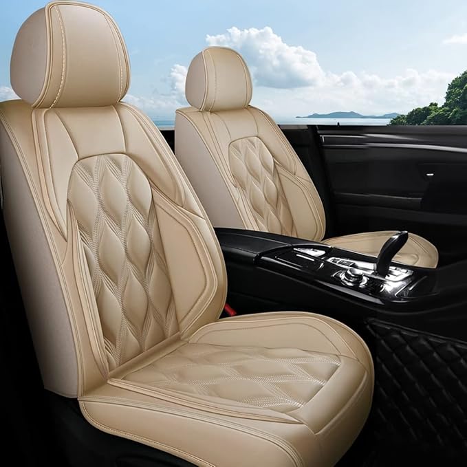 AOMSAZTO Front Seat Covers Fit for Kia Rio 2013-2023 Waterproof Faux Leather Car Seat Cover Compatible with Airbag(2PCS Front, Beige)