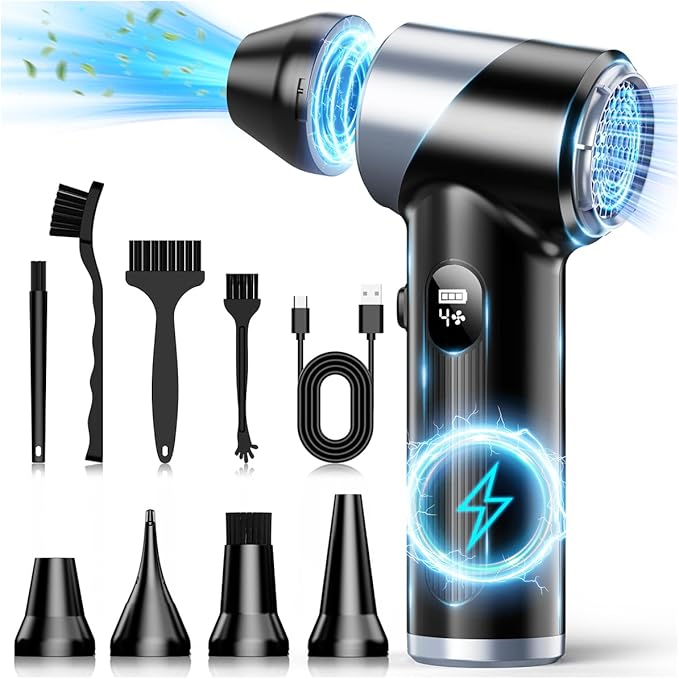 Compressed Air Duster-310,000RPM Cordless Air Blower with LED Light, 4 Gear Adjustable Turbo Fan, Super Power Electric Air Duster for Computer, Keyboard, Outdoor, House and Car