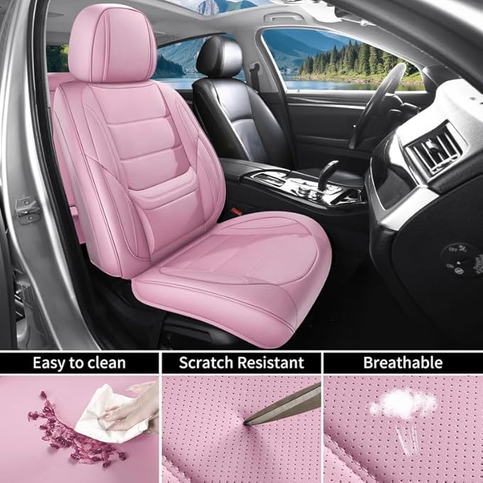 Car Seat Covers Full Set Custom Fit for Ford Fiesta 2011-2019 - Premium Leather with Lumbar Support, Breathable, Anti-Slip & Excellent Seating Experience (Pink, Full Set)