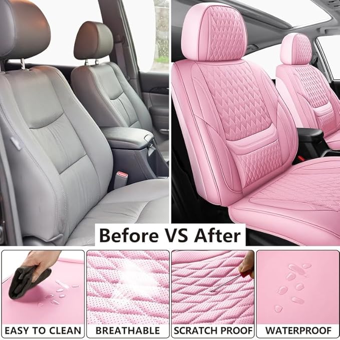 Car Seat Covers Full Set Custom Fit for Pontiac Vibe 2003-2010 - Premium Faux Leather with Lumbar Support | Breathable, Waterproof, Anti-Slip, Durable (Pink,Full Set)