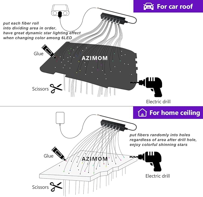 AZIMOM 6LED Colorful Fiber Optic Starlight Headliner Kits Fiber 240pcs*0.03in*6.5ft Strands APP& Remote Control Mix Color Chase Timing Fiber Optic Star Light for Car Home Sky Star Decoration