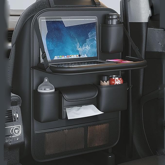 Car Backseat Organizer with Foldable Table Tray,Car Seat Back Protector with Touch Screen Phone Holder,Premium PU Leather Material,Compatible with Most Vehicles,Inner Car Accessories