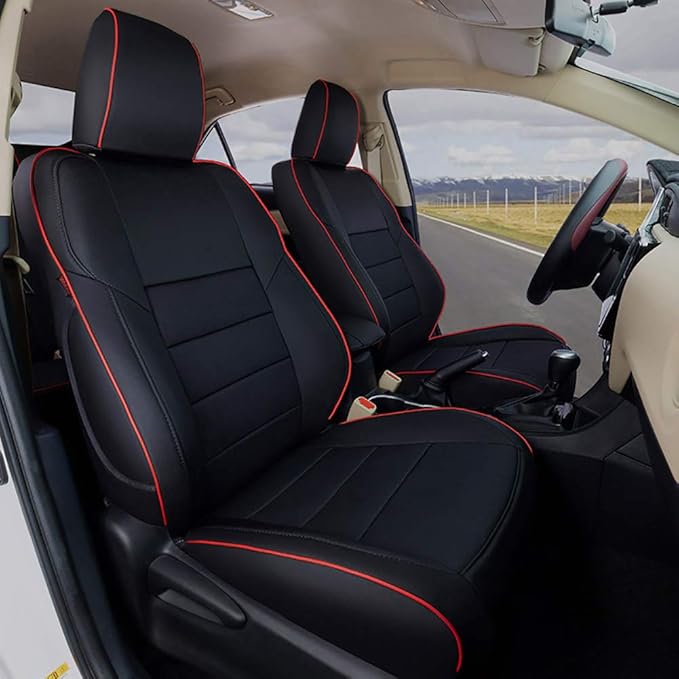 EKR Rav4 Seat Covers Custom Fit for Toyota Rav4 2016 2017 2018(Hybrid) LE,SE,XLE,Limited, Leather Car Seat Cover Full Set for SUV,Faux Leather(Black with Red Trim)