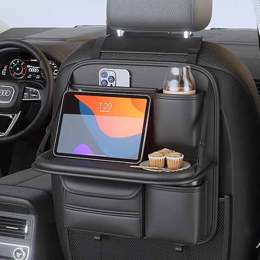 Car Backseat Organizer with Foldable Table Tray,Hanging Storage Bag with Touch Screen Phone Holder,Premium PU Leather Material,Compatible with Most Vehicles,Inner Car Accessories