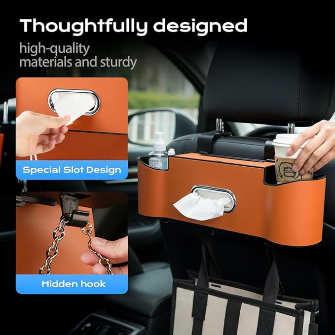 3-in-1 Car Backseat Organizer, 2026 New Multifunctional Back Seat Car Organizer with Cup Holder, Tissue Box, Trash Bin & Hooks for Hold Phones, Snacks, Drinks, Handbags (1, Brown)