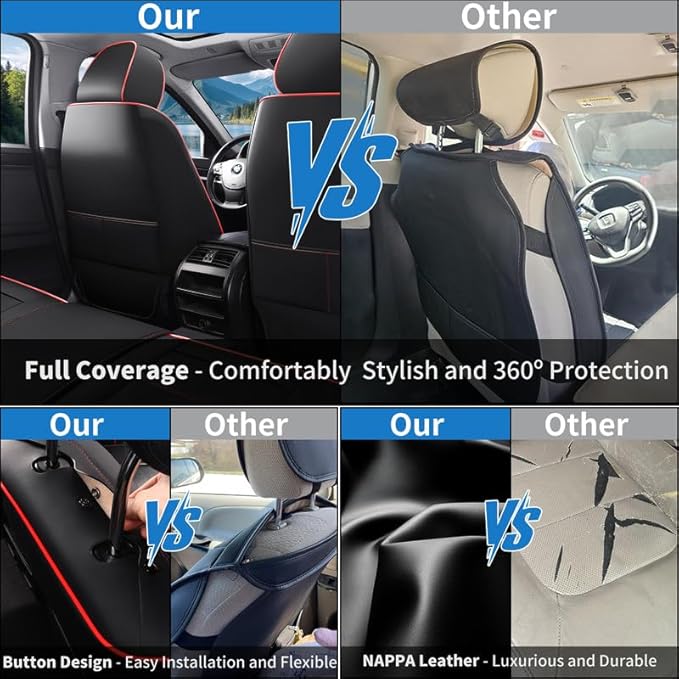 Car Seat Covers Full Set Custom Fit for Mercury Milan 2006-2011-Luxury Leather with Lumbar Support, Breathable, Waterproof, Anti-Slip, Durable, Easy to Install (Black&Red,Full Set)
