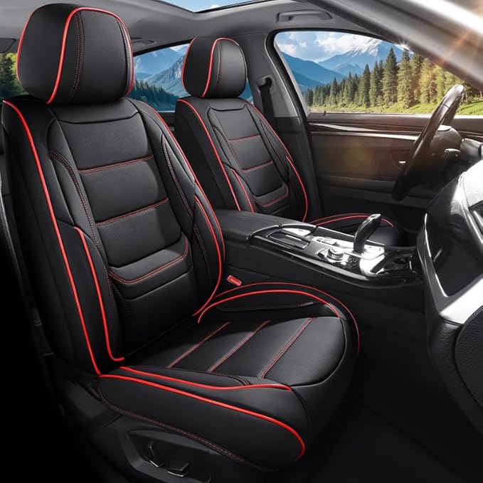 Car Seat Covers Full Set Custom Fit for Saturn Aura 2006-2009-Luxury Leather with Lumbar Support, Breathable, Waterproof, Anti-Slip, Durable, Easy to Install (Black&Red,Full Set)