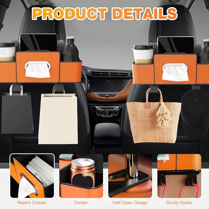 3-in-1 Car Backseat Organize rwith Cup Holder, Tissue Box, Trash Bin & Hooks,2026 Multifunctional Back Seat Car Organizer Box for Hold Phones, Snacks, Drinks, and Handbags