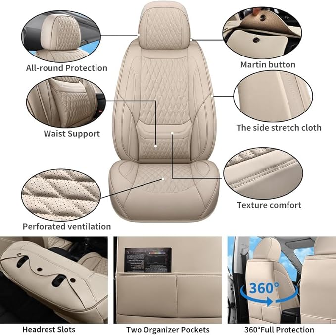 Car Seat Covers Full Set Custom Fit for Buick Lacrosse 2004-2019 - Premium Faux Leather with Lumbar Support | Breathable, Waterproof, Anti-Slip, Durable (Beige,Full Set)