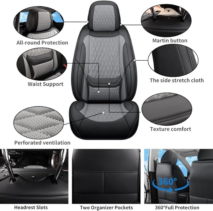 Car Seat Covers Full Set Custom Fit for Ford Fusion 2007-2020 - Premium Faux Leather with Lumbar Support | Breathable, Waterproof, Anti-Slip, Durable (Black&Gray,Full Set)