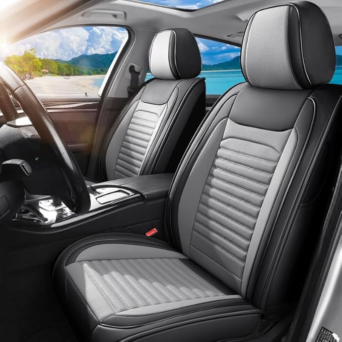 Car Seat Covers Full Set Fit for Toyota Matrix 2003-2014, Premium Faux Leather Car Seat Protector,Breathable Anti-Slip Full Wrapping Edge Seat Covers(Black&Gray,Full Set)