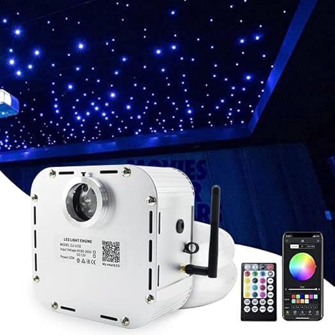 AMKI High Brightness 32W Twinkle 1000pcs Fiber Optic Starlight Headliner Kit 0.03in 16.4ft Fiber Strands RGBW Sound Activated APP Remote Control for Car Home Roof Ceiling Decoration