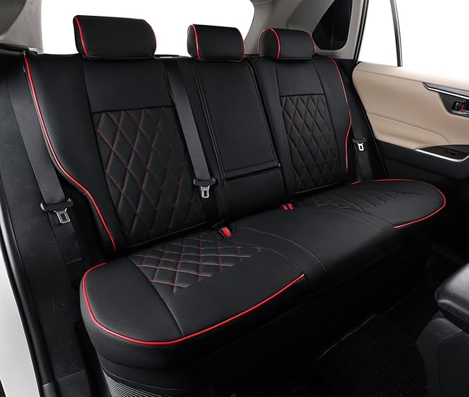 EKR Rav4 Seat Covers Custom Fit for Toyota Rav4 2021-2024 Prime SE,XSE & 2019-2025 Hybrid/PHEV SE,XSE, Leather Car Seat Cover Full Set for SUV,Faux Leather(Black with Red Trim)