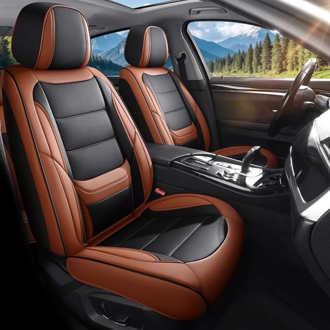 Car Seat Covers Full Set Custom Fit for Ford Fiesta 2011-2019-Luxury Leather with Lumbar Support, Breathable, Waterproof, Anti-Slip, Durable, Easy to Install (BlackBrown,Full Set)