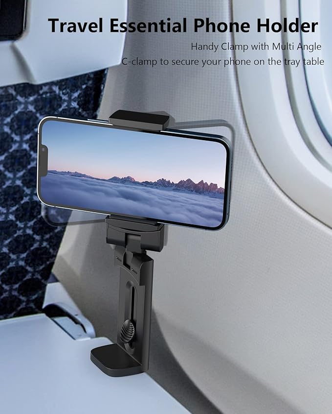 MiiKARE Travel Essentials Airplane Phone Holder, Universal Handsfree Phone Mount for Flying with 360 Degree Rotation, Travel Must Haves Phone Stand for Desk, Tray Table, Black&Black&Black
