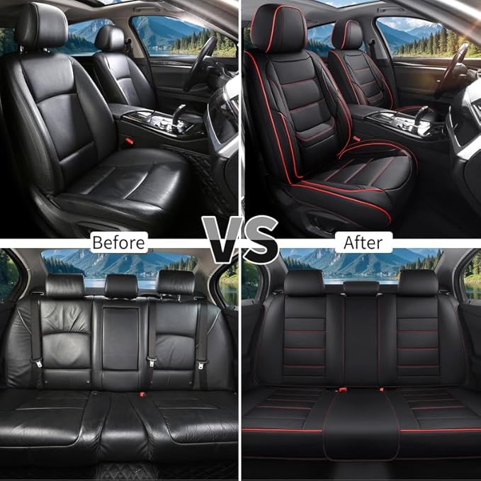 Car Seat Covers Full Set Custom Fit for Mercury Mariner 2005-2011-Luxury Leather with Lumbar Support, Breathable, Waterproof, Anti-Slip, Durable, Easy to Install (Black&Red,Full Set)