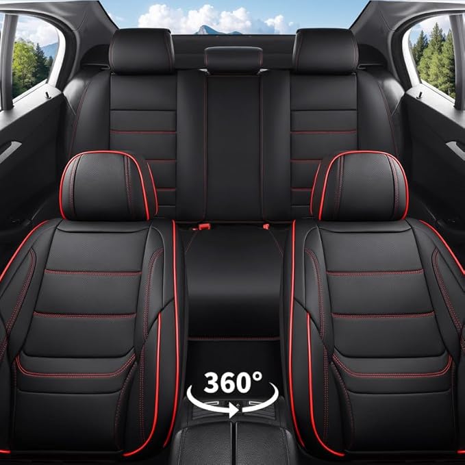 Car Seat Covers Full Set Custom Fit for Ford Explorer2001-2025 2026-Luxury Leather with Lumbar Support, Breathable, Waterproof, Anti-Slip, Durable, Easy to Install (Black&Red,Full Set)